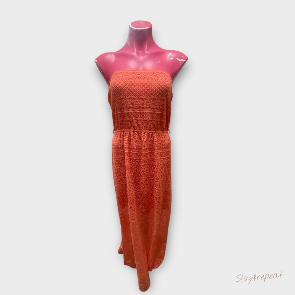 🧡 Just Be Strapless Lace Overlay Maxi Dress – Orange – Women’s Size M